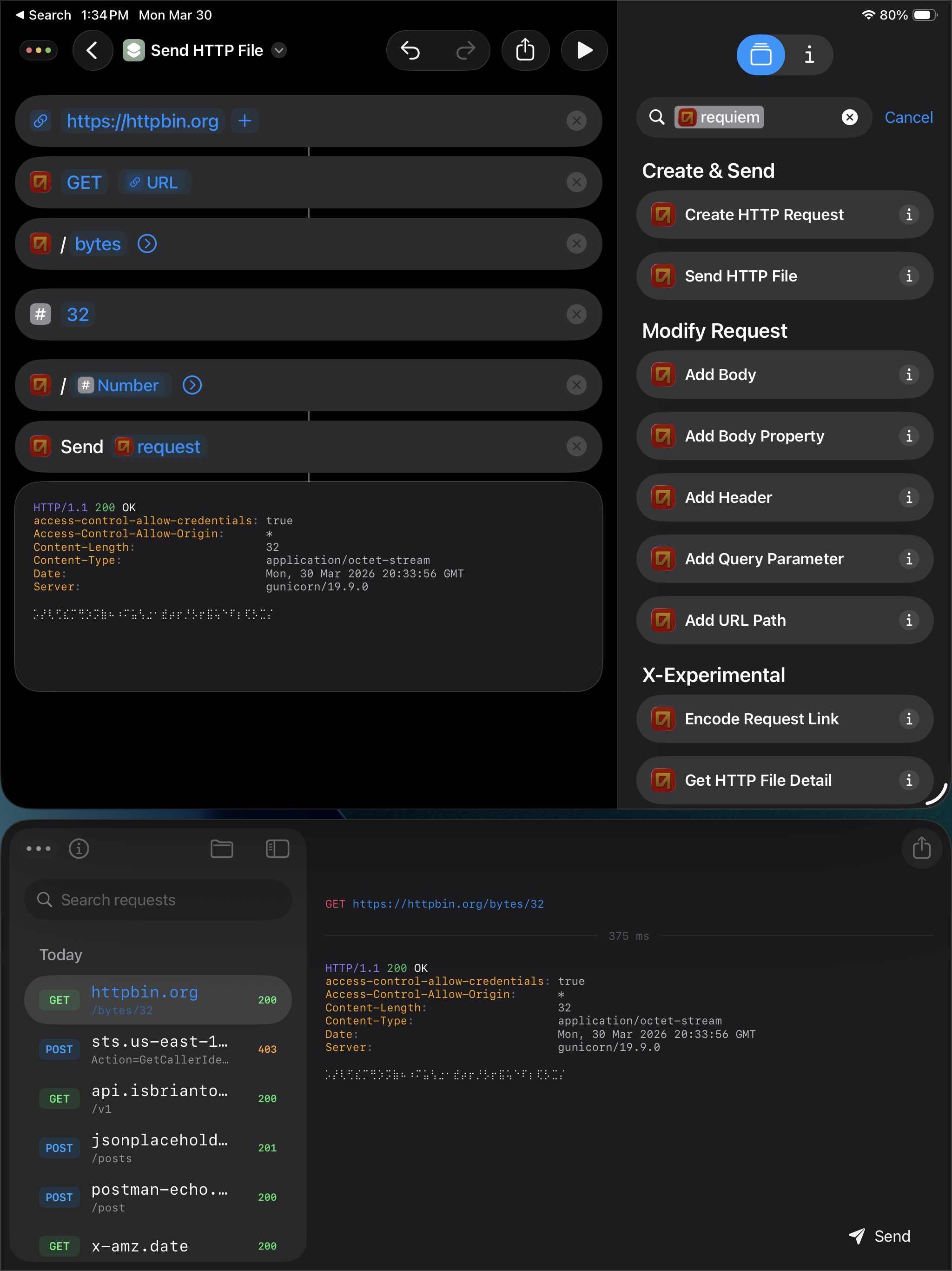 Shortcuts actions chained to build and send a request